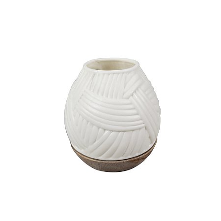 VASO DECORATIVO EM MADEIRA E CERAMICA BRANCO
