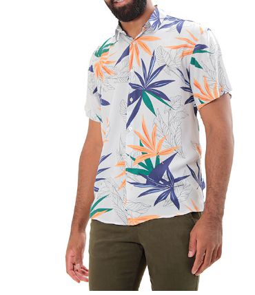 CAMISA MANGA CURTA REGULAR VISCOSE TROPICALE BRANCO/AZUL