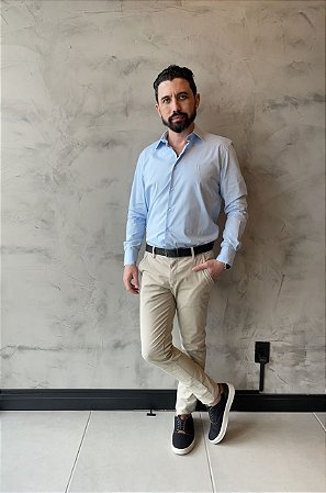 Camisa Manga Longa Slim Fit Basica Azul Claro