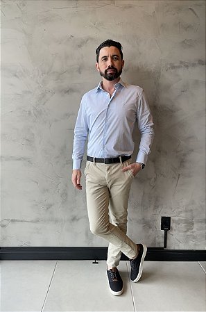Camisa Social Masculina Manga Longa Slim Fit Xadrez Bugatti Azul/branco