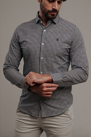 Camisa Ml Super Slim Xadrez Marinho/branca