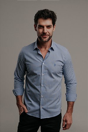 Camisa Social Masculina Manga Longa Slim Fit Button Down Xadrez Azul/branca