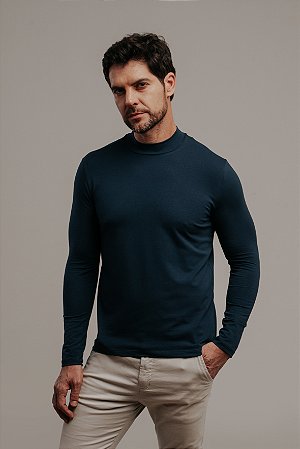 Camiseta Ml Algodão Egípcio Gola Alta  - Azul