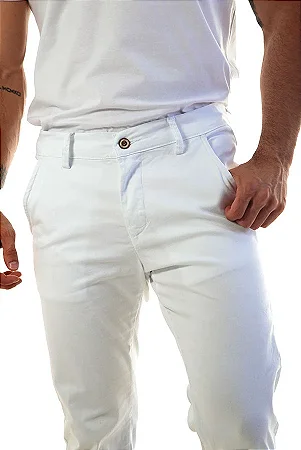 CALÇA ALFAIATARIA CASUAL SARJA SUPER SLIM COM ELASTANO LISA BRANCA