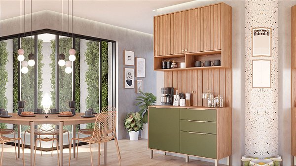 KIT Cozinha Divina [Aéreo - Balcão - Painel Ripado] Freijó / Verde