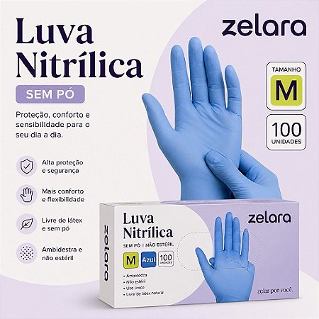 LUVA NITRILICA ZELARA AZUL TAMANHO M- SEM PÓ- CX 100 UNID