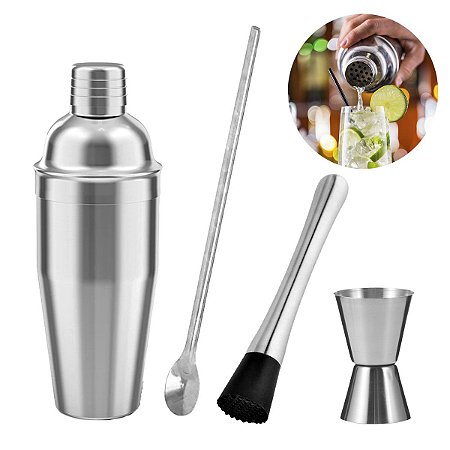 Kit Bar Coqueteleira e Acessórios Inox 4 Peças