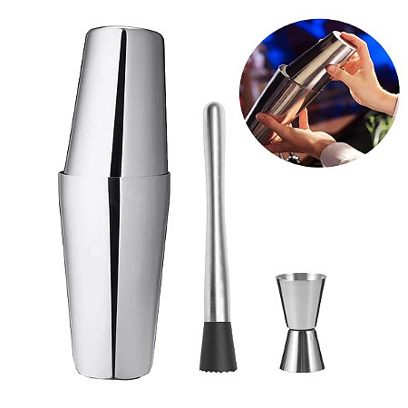 Kit Coqueteleira Boston Dosador Jigger e Socador Inox Barman