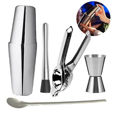 Kit Barman Aço Inox Coqueteleira Boston e Acessórios 5 Peças