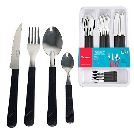 Faqueiro 25 Peças Jogo Talheres Conjunto Inox Organizador - Preto