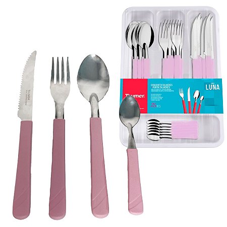 Faqueiro 25 Peças Jogo Talheres Conjunto Inox Organizador - Rosa