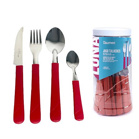 Faqueiro 24 Peças Jogo Talheres Conjunto Inox Pote Multiuso - Vermelho