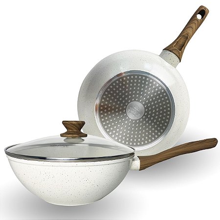 Panela Wok Com Tampa Ceramica Indução Antiaderente - Mármore