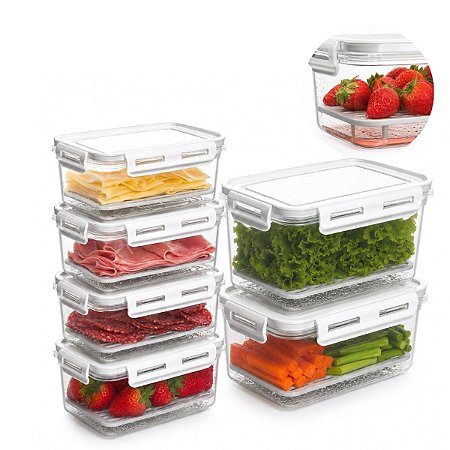 Kit 6 Pote C/ Escorredor Porta Frios Queijo Presunto Frutas Em Plástico- Branco