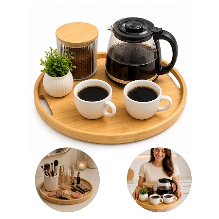 Bandeja Café Redonda Bambu Com Alças Decorativa