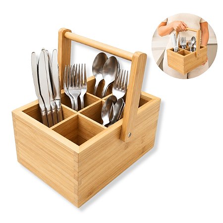 Porta Talheres Bambu Organizador Utensílios de Mesa Com Alça Caixa Organizadora