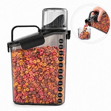 Pote Hermetico 3 Litros Dispenser Multiuso Com Copo Medidor Porta Arroz Feijão Grãos Cereal Ração Sabão Em Pó e Liquido Tampa com Travas Livre de BPA