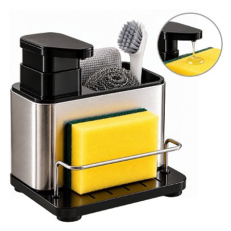 Porta Detergente Cozinha Pia Esponja Inox Preto Dispenser Sabão Liquido Bucha Organizador