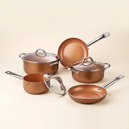 Jogo Panelas Ceramica Antiaderente Indução Conjunto 5 Peças Bronze