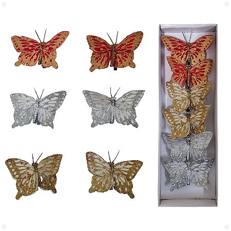 Borboleta Glitter Pequena Artificial Premium Kit Com 6