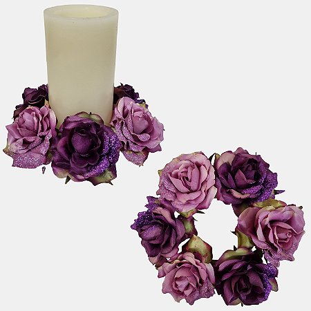 Candelabro Rosas Lilás Natal Porta Velas Artificial Premium