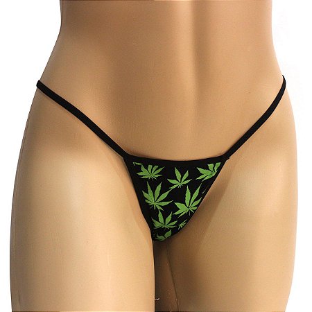 Calcinha Cannabis Fio Dental Preta\Branco