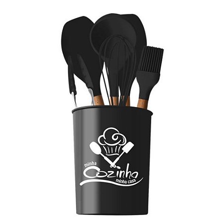 Jogo de Cozinha Utensílio Em Silicone Preto Com Pote de Inox