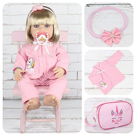 Boneca Bebê Reborn Corpo Silicone Loira Rosa Com Bolsa - ShopJJ