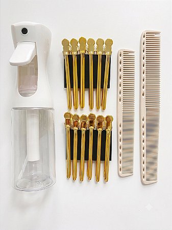KIT Borrifador + Pente de Corte Carbono + Cilp Metal Dourado