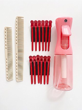 KIT Borrifador Pink + Pente de Corte Carbono + Cilp Metal Vermelho