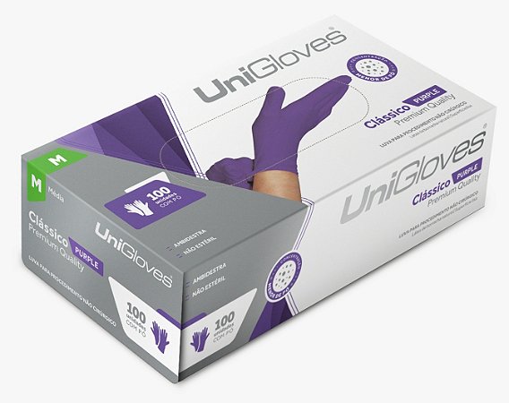 Luva de LÁTEX LILAS CLASSICO com pó Unigloves com 100 Unidades