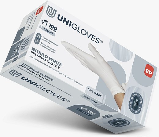 Luva de NITRILO BRANCA sem pó Unigloves com 100 Unid