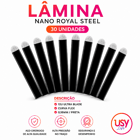 30 LÂMINAS NANO ROYAL STEEL 12U ULTRA BLADE CURVA FLEX 0.18MM / PRETA