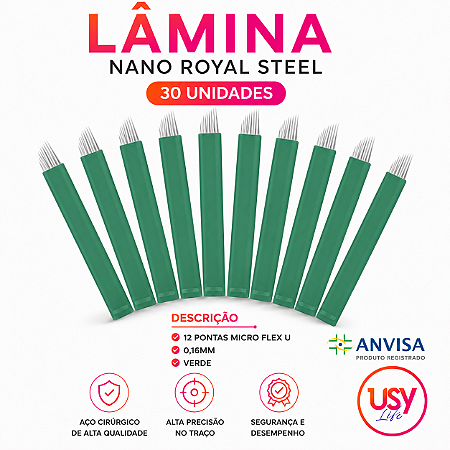 30 Laminas NANO ROYAL STEEL 12 Pontas Micro Flex U 0.16mm Royal Steel c/anvisa VERDE