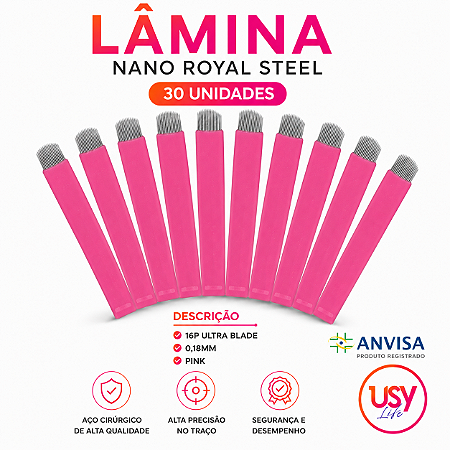 30 LAMINAS NANO ROYAL STEEL 16P ULTRA BLADE 0,18mm PINK c anvisa