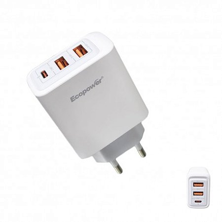 CARREGADOR ECOPOWER EP-7042 - 2 USB-A / 1 USB-C 10W
