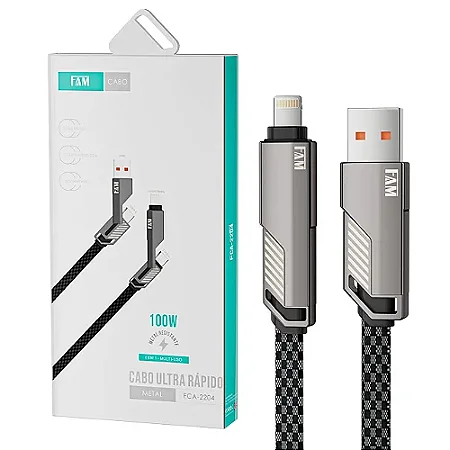 CABO TIPO C / TIPO C / LIGHTNING 1,2M FCA-2203 METAL 100W FAM