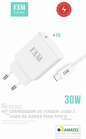KIT CARREGADOR E CABO TIPO C PARA TIPO C (DADOS) 1 USB 30W FKT-PD30C FAM