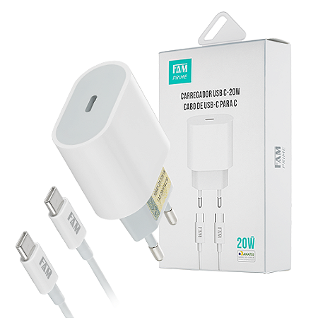 KIT CARREGADOR COM CABO TIPO PARA TIPO C 1 USB 20W FKT-PD52C FAM