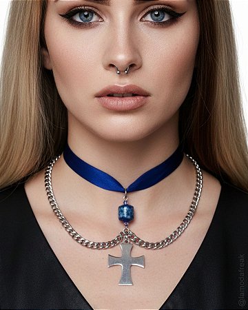 CHOKER CETIM AZUL E CRUZ AÇO INOX - AC064