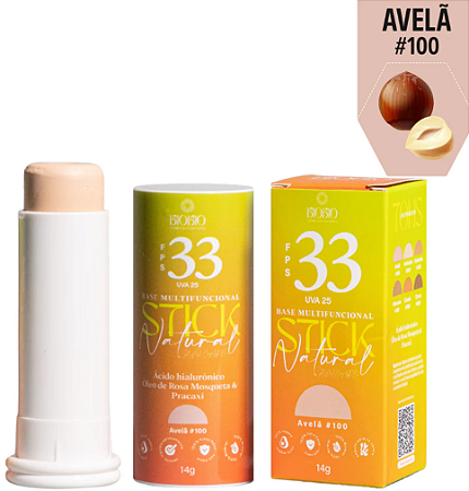 BioBio Stick Natural Cor #100 Avelã FPS 33 - Base Multifuncional com Proteção Solar 14g