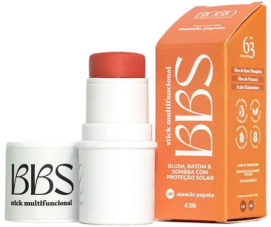BioBio BBS - Blush, Batom, Sombra com Proteção Solar FPS 63 - Cor Mamão Papaya 4,5g