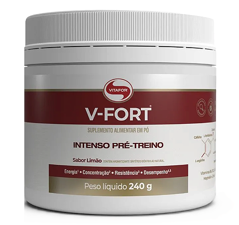 Vitafor V-Fort em Pó Sabor Limão - Pré-Treino c/ Cafeína, Creatina e Aminoácidos 240g