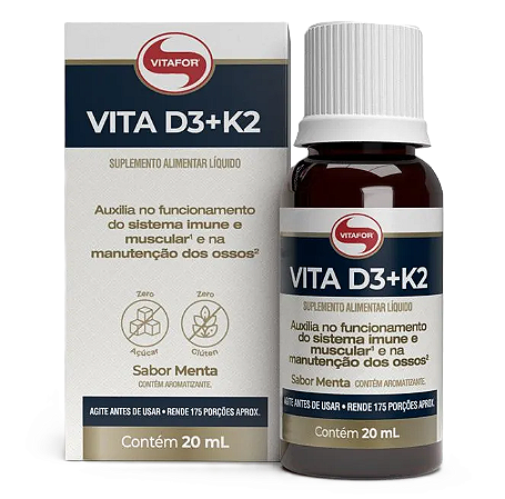 Vitafor Vita D3 + K2 em Gotas Sabor Menta - Vitaminas D3 (2.000UI) e K2 (45 mcg) 20ml
