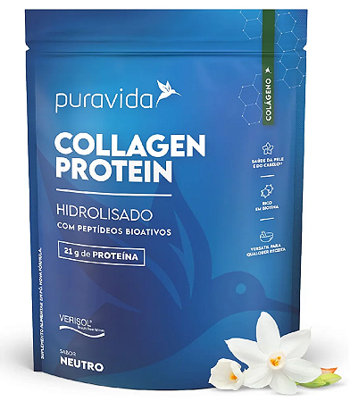 Puravida Collagen Protein em Pó - Colágeno Hidrolisado c/ Peptídeos Sabor Neutro 450g