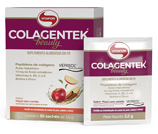 Vitafor Colagentek Beauty em Pó - Peptídeo de Colágeno Sabor Maçã com Canela