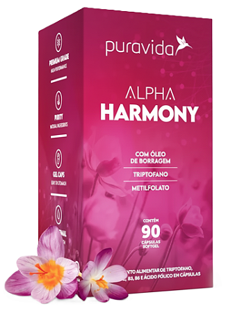 Puravida Alpha Harmony em Cápsulas - Óleo de Borragem, L-Triptofano e Metilfolato - 90 caps