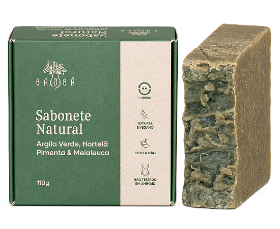 Baobá Sabonete em Barra Argila Verde, Hortelã Pimenta e Melaleuca 110g