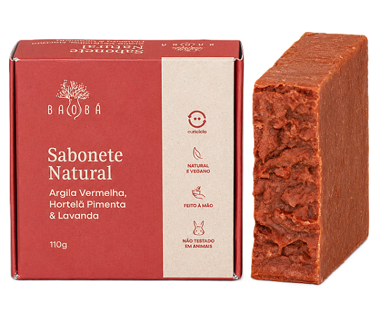 Baobá Sabonete em Barra Argila Vermelha, Hortelã Pimenta e Lavandim 110g