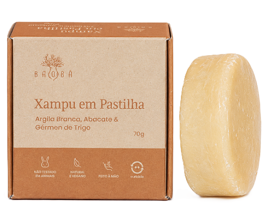 Baobá Xampu em Pastilha Cabelos Normais a Mistos com Argila Branca e Abacate 70g